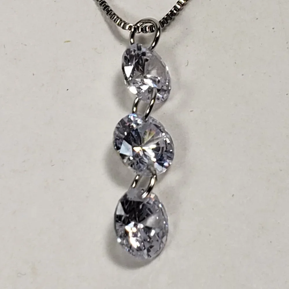 Necklace - Swarovski Crystal  - Triple Stones Drop Pendant, Rhodium Overlay, 18" - Picture 11 of 13